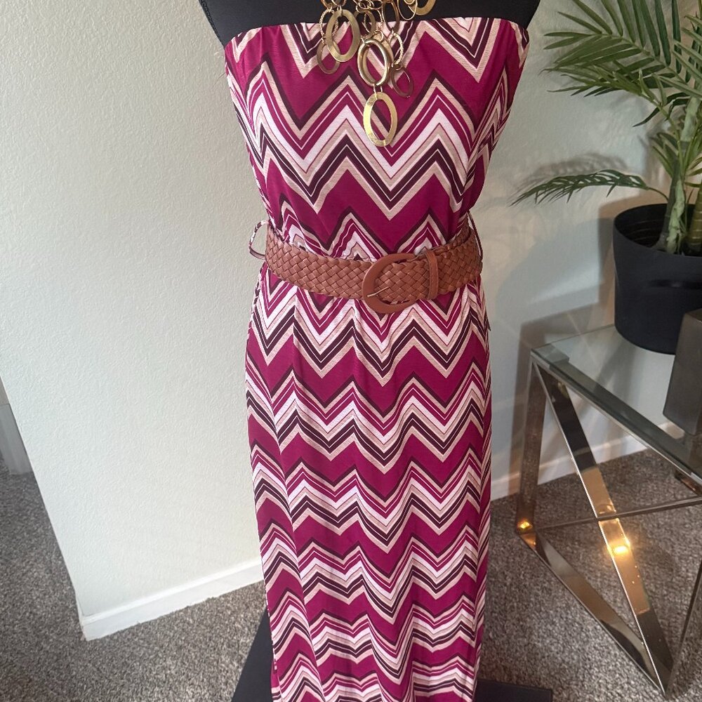 STELLA TWEED STRAPLESS CHEVRON PRINT MAXI DRESS